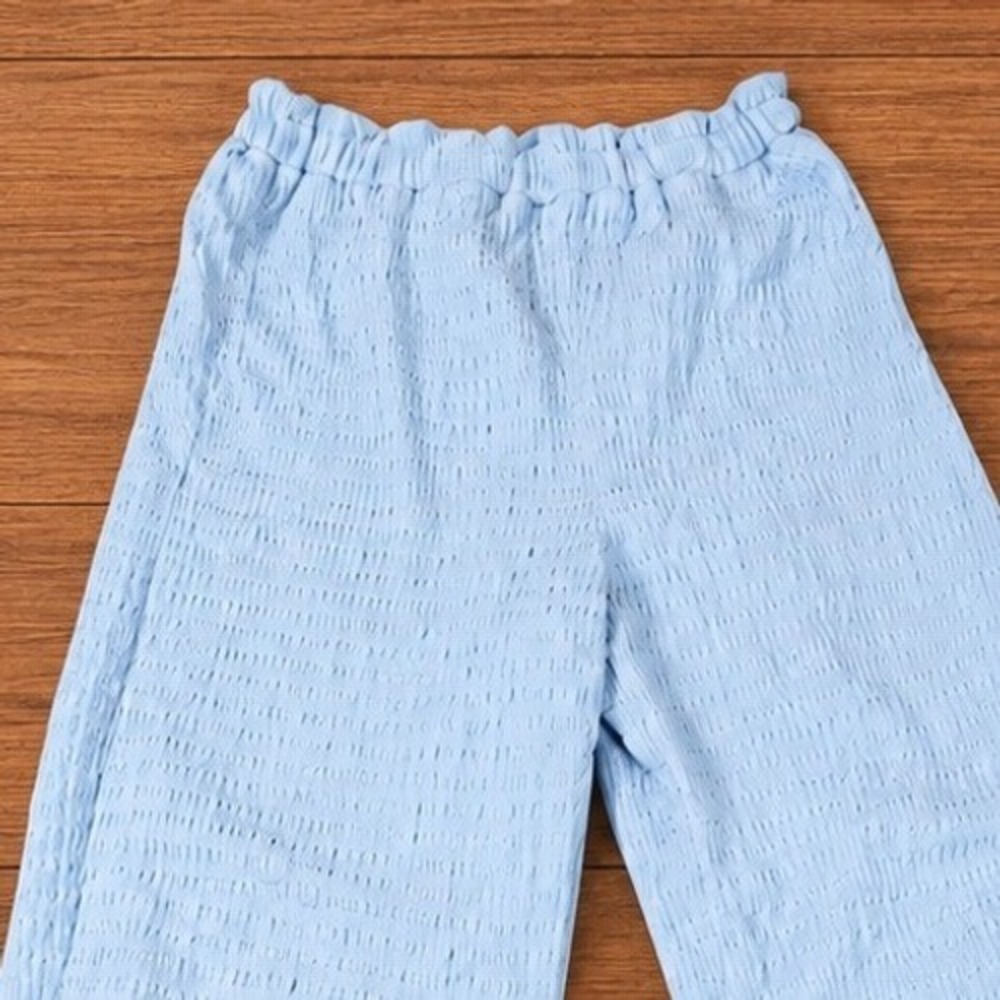 Grandmacore Textured Wide Leg Pull On Pants Light Blue Crinkle High Rise Vintage - Picture 2 of 8